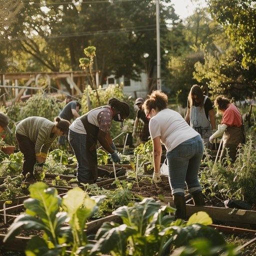Menschen arbeiten gemeinsam in einem vielfältigen Gemeinschaftsgarten